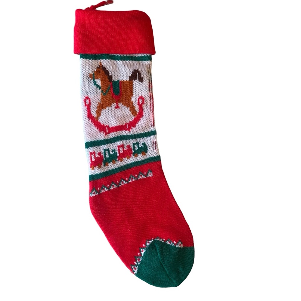 Vintage Christmas stocking made in Taiwan knitted rocking horse and train